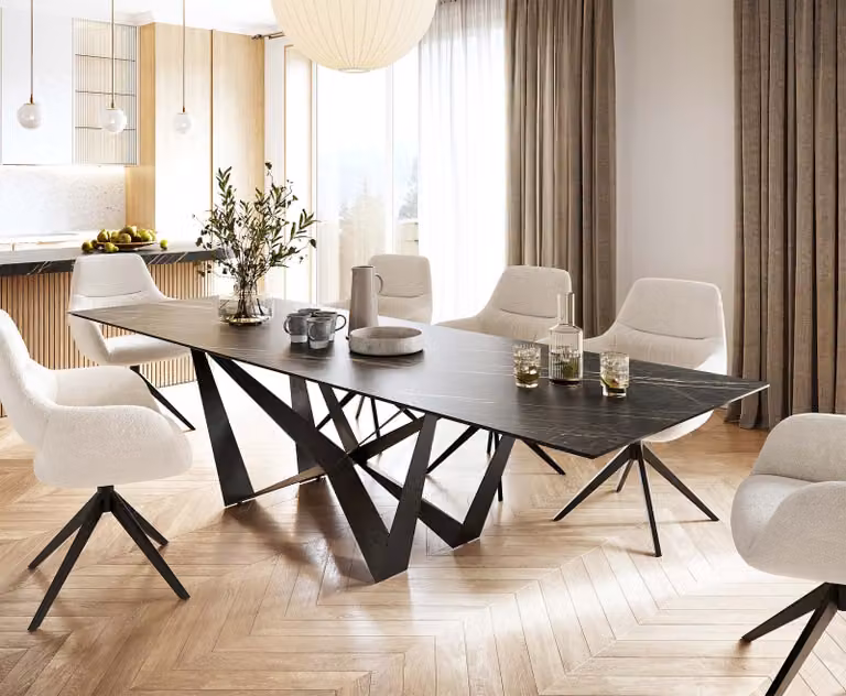 Tavolo da pranzo DELIFE Edge 300x100 cm Vetroceramica Laminam® Noir Desir Marrone Piedini centrali in acciaio piatto Nero