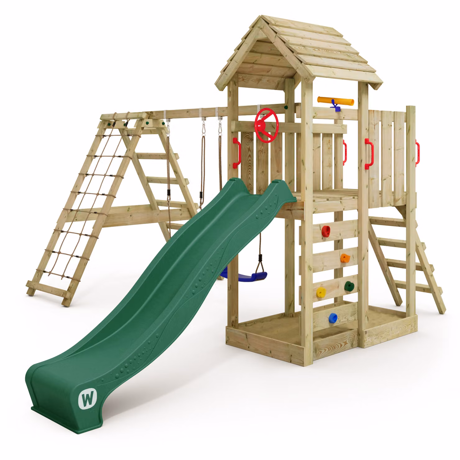 Torre giochi Wickey RocketFlyer con altalena e struttura per arrampicata, color verde
