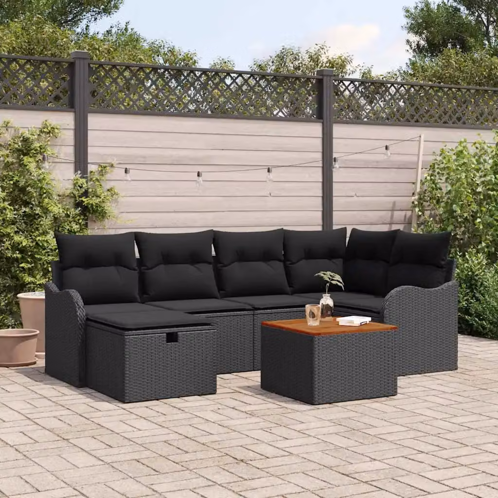 Set Divano da Giardino vidaXL 7 Pezzi in Polyrattan Nero con Cuscini e Tavolino da Esterno – 1