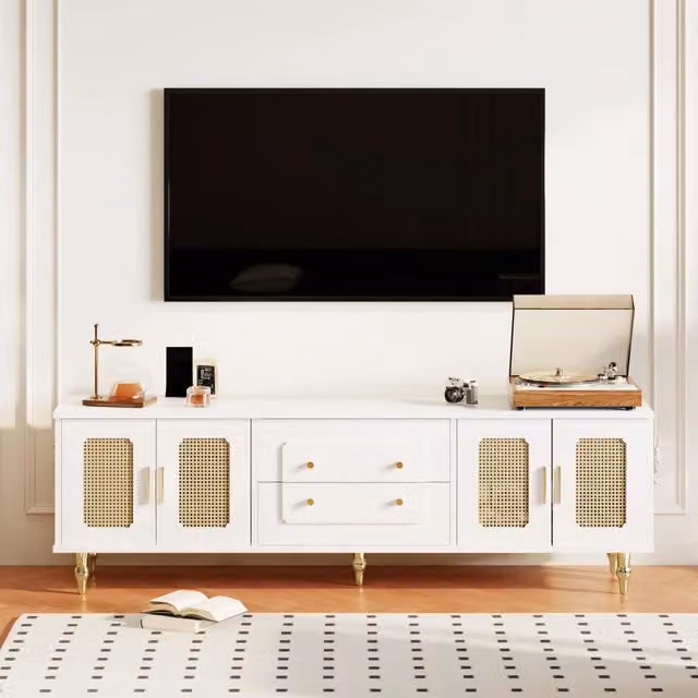 Mobile TV Basso Stile Retr¨° ¨C MINIMAL ¨C con Ante in Rattan, Gambe in Metallo, Maniglie Dorate