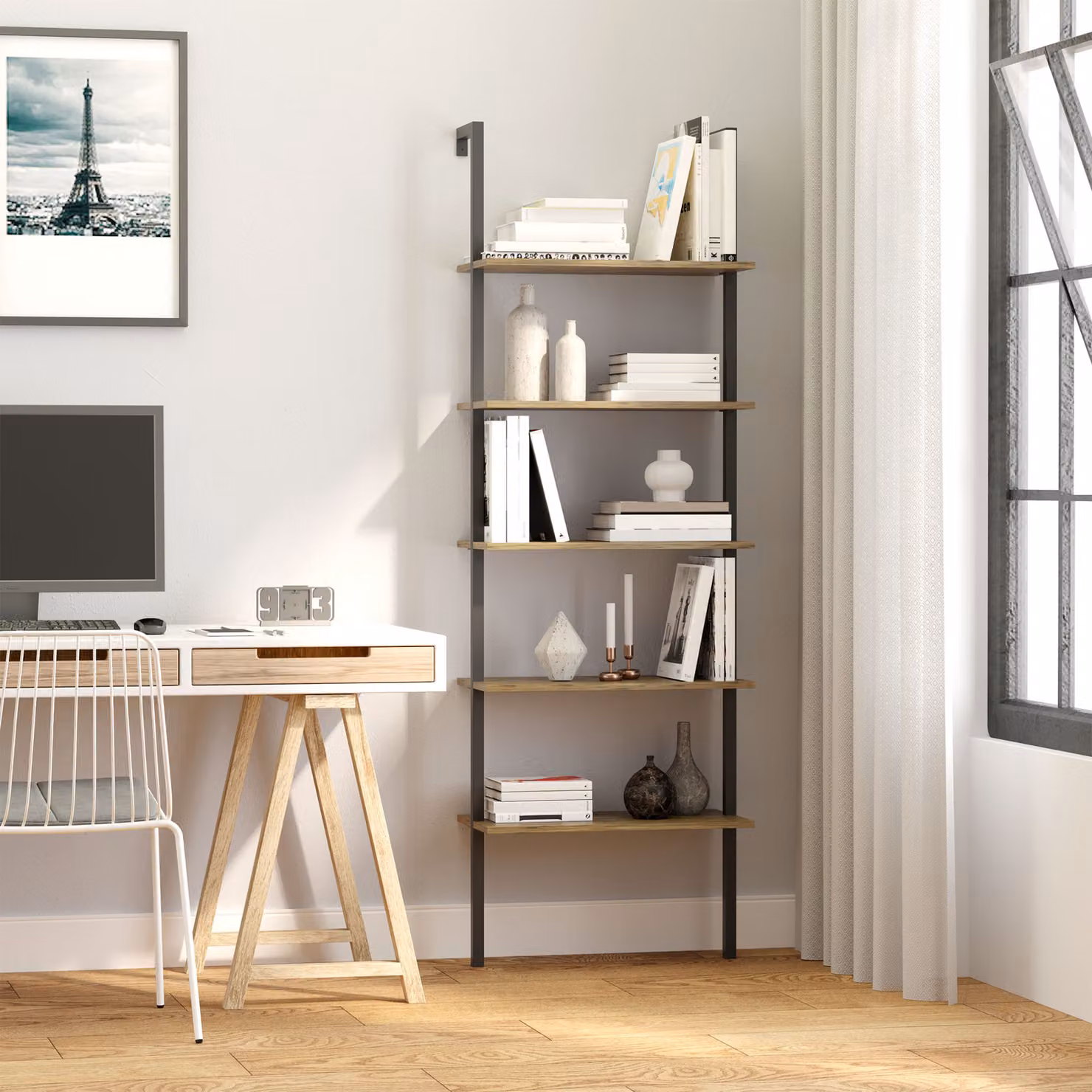 Libreria Moderna a Scala HOMCOM con 5 Ripiani in Legno e Metallo, Design Industriale a Muro, Marrone, L: 60 cm, P: 30 cm, H: 184.5 cm – 2