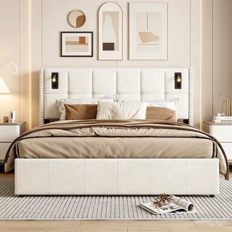 Letto imbottito INONEFT con spazio contenitore, 160 x 200 cm, letto matrimoniale con sistema di sollevamento idraulico, ideale per ragazzi, rivestito in velluto, color beige