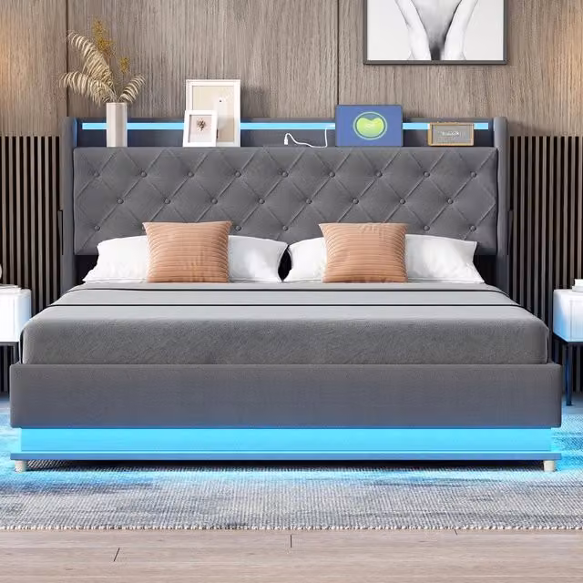 Letto imbottito con LED contenitore ¨C Minimal ¨C Grigio tessuto 160x200cm idraulico