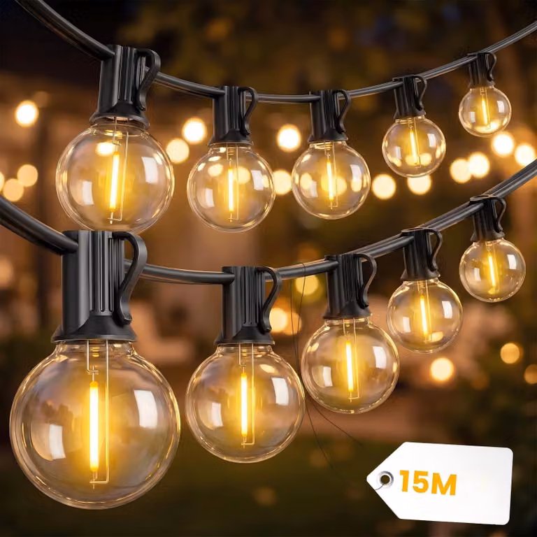 Catena luminosa da 15 metri, modello G40, grado di protezione IP45, con 25 lampadine più una di ricambio, temperatura di colore 2700 K