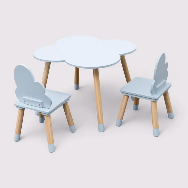 Sitka - Set tavolino e 2 seggiole marrone e celeste per cameretta