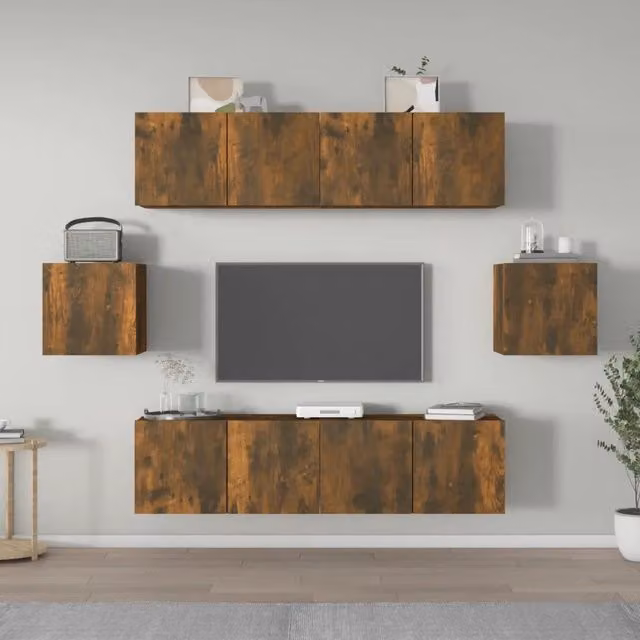Set di mobili porta TV da 6 pezzi vidaXL in legno multistrato color rovere fumo per soggiorno – 1