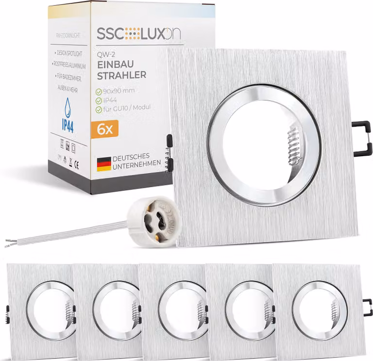SSC-LUXon 6 pezzi QW-2 faretto da incasso angolare in alluminio spazzolato IP44 - faretto quadrato con attacco GU10 - luce da incasso per bagno e cucina