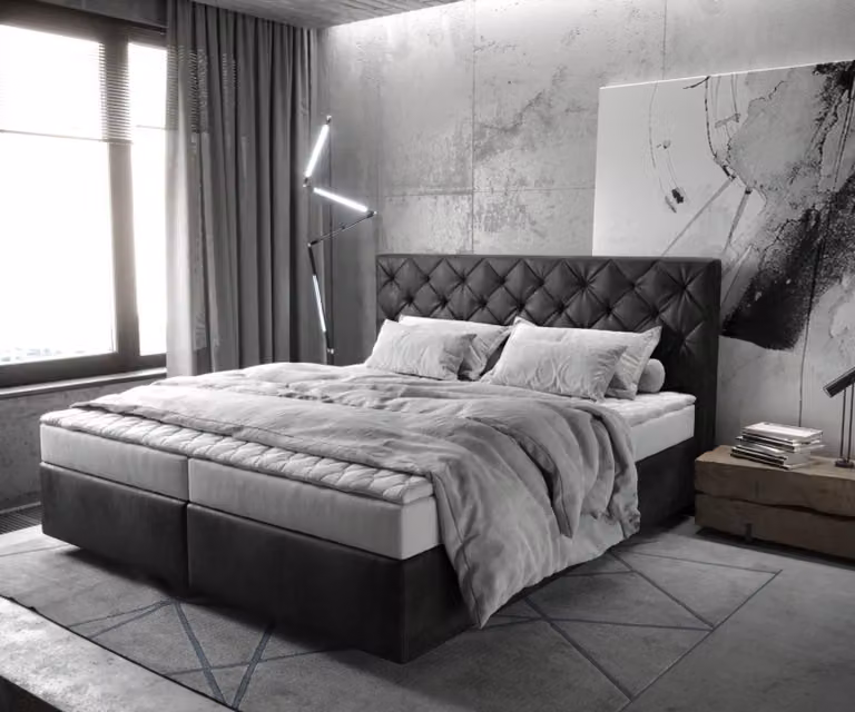 Letto boxspring DELIFE Dream-Great 180x200 cm in microfibra antracite vintage con materasso e topper