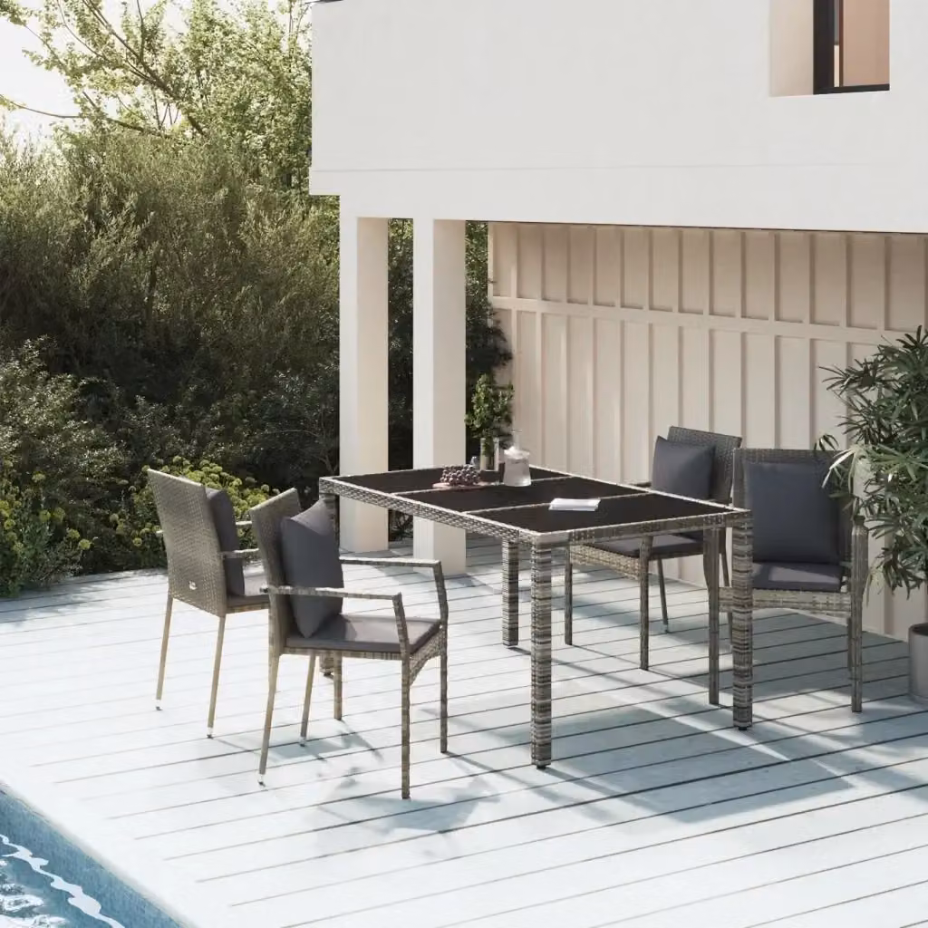 Set da Pranzo da Giardino 5 pz in Polyrattan Grigio con Tavolo Rettangolare in Vetro – 2