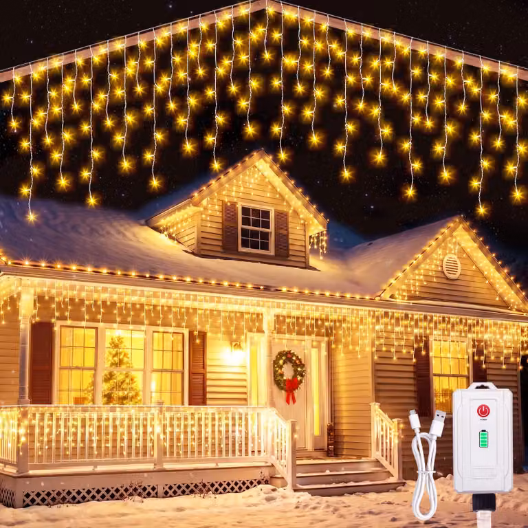 Catena luminosa a LED "Eisregen", 10 metri, 400 LED, luce bianca calda, alimentazione a batteria, per interni ed esterni