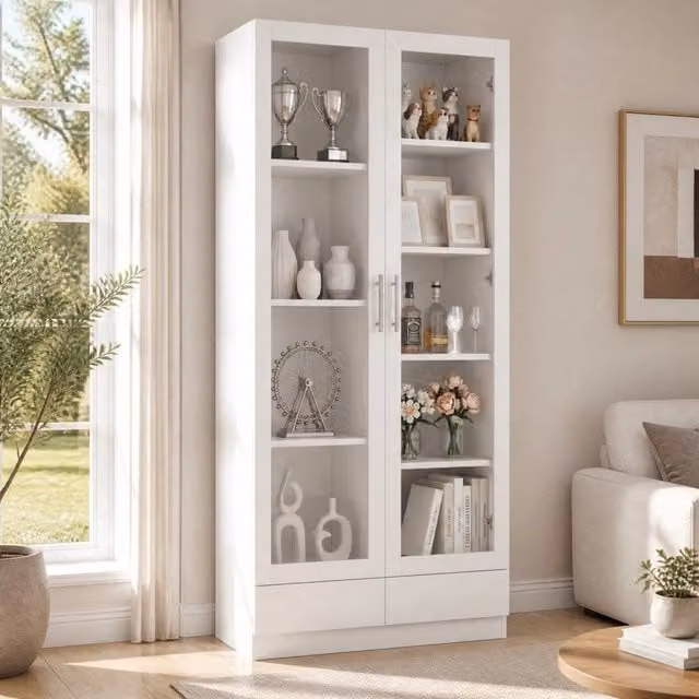 Vetrina contenitore con ante in vetro e cassetti; MDF; bianca; 160 × 40 × 80 cm