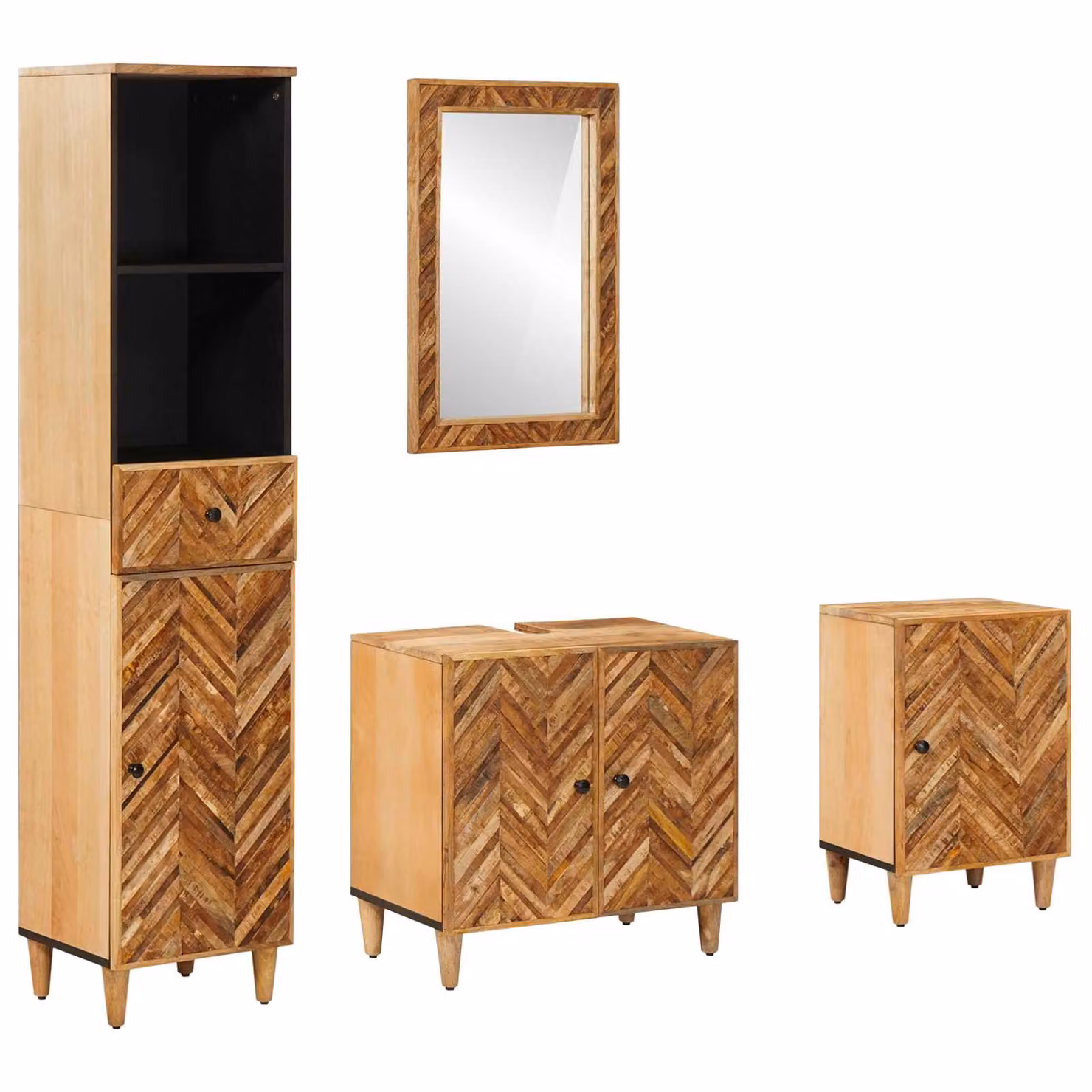 Set di 4 mobili da bagno moderni vidaXL in legno di mango massello marrone con illuminazione LED e armadi a parete