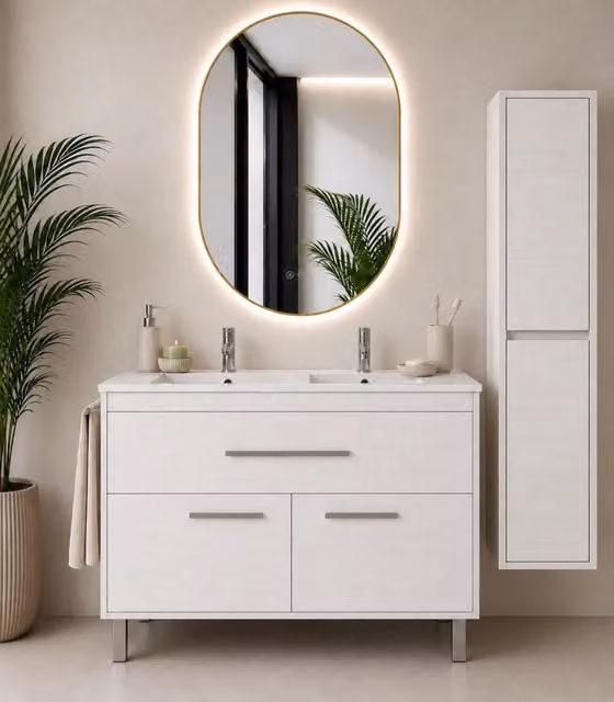 Mobile bagno con lavabo ORIGENBATH BAHIA senza specchio 120x45 cm doppio lavabo bianco nordico con colonna