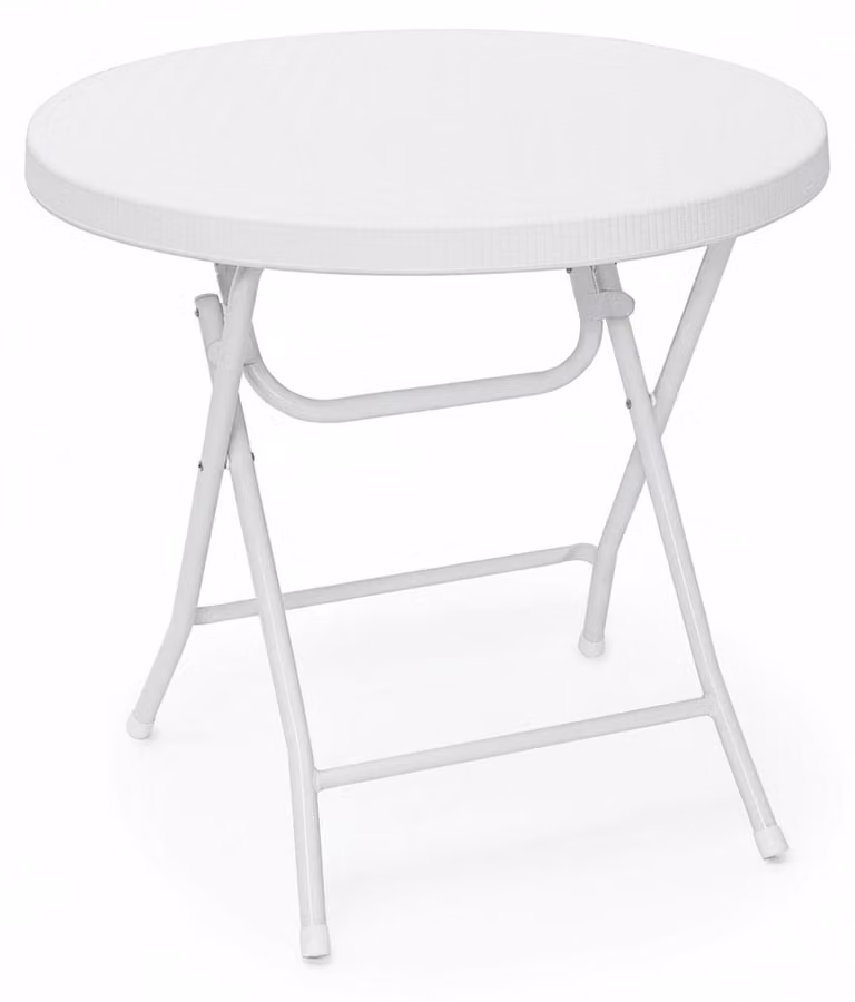 Tavolo da giardino pieghevole BASTIAN di Relaxdays, rotondo, A x L x P: 74 x 80 x 80 cm, metallo, plastica, effetto rattan, bianco