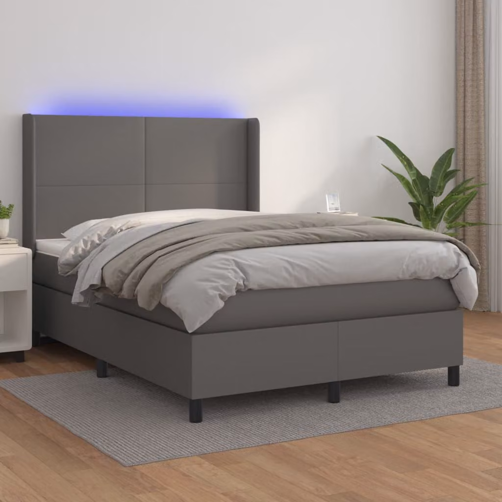 vidaXL Giroletto con Materasso Ibrido e Illuminazione LED in Similpelle Grigia, L/P/H: 140 x 200 cm – 1