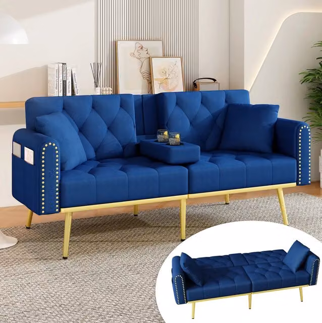Divano letto multifunzione 175x80x73;5 cm in velluto blu con schienale regolabile