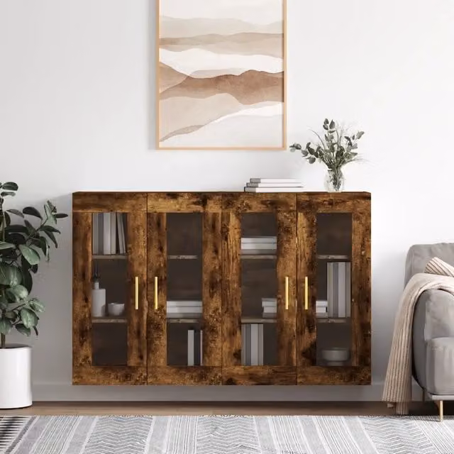 Set di 2 armadietti a parete vidaXL con ante in vetro e finitura rovere marrone per bagno in stile moderno