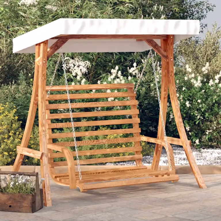 vidaXL Panca a Dondolo in Legno di Abete con Tetto e Tendalino Beige e Marrone L: 161,5 cm, P: 126,0 cm, H: 110,0 cm
