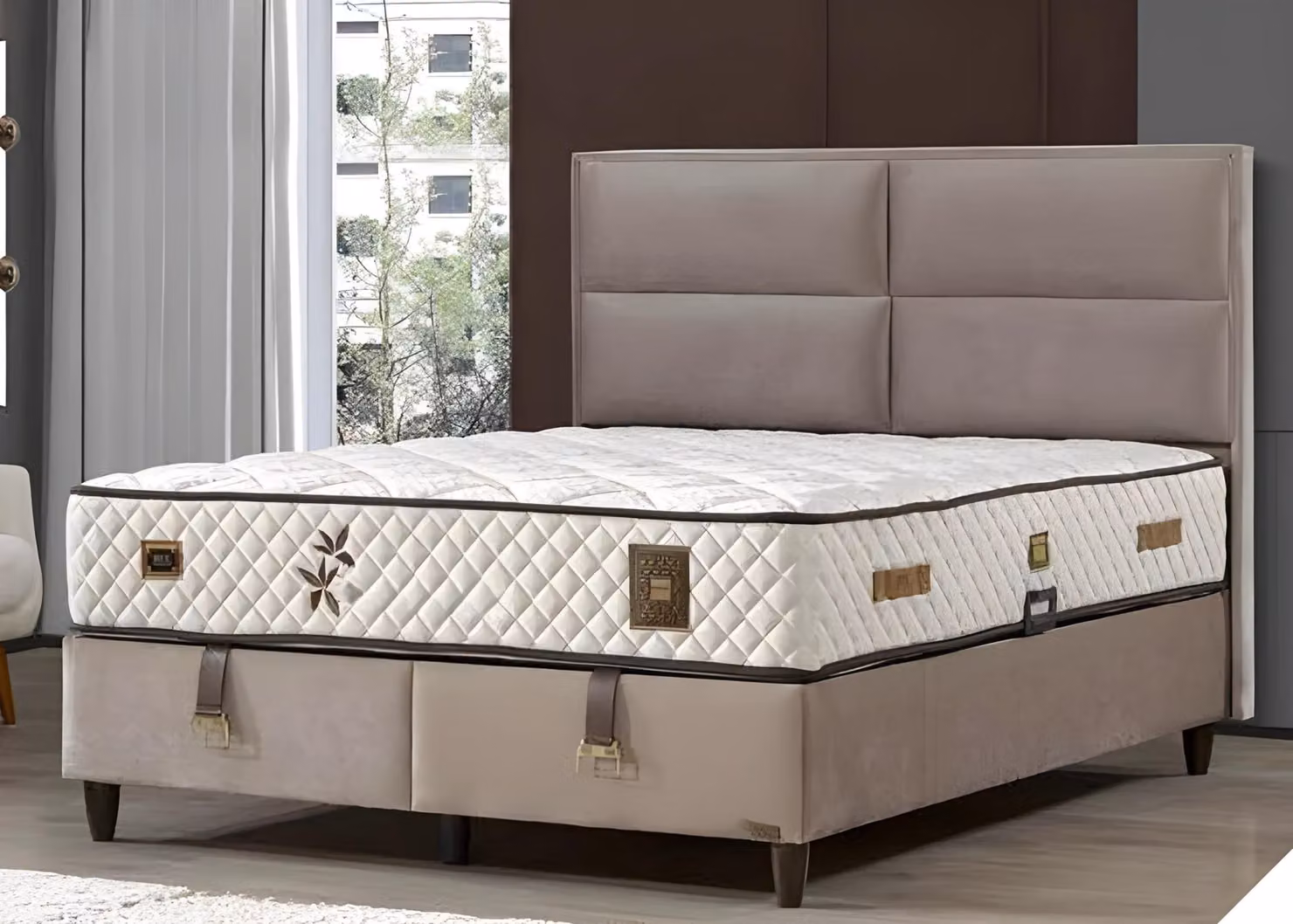 Grau Holz Textil Modernes Bett mit Matratze