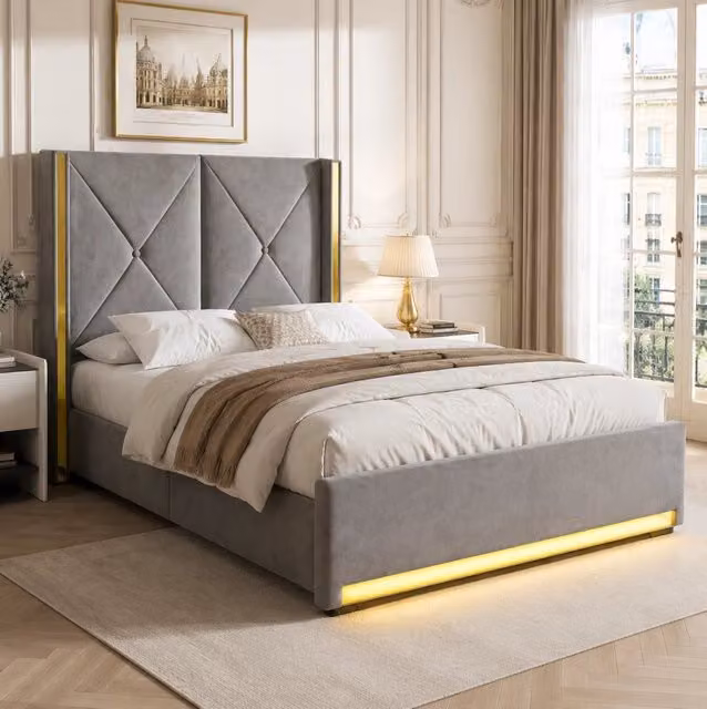 Letto imbottito 90x200 cm con contenitore; LED; USB e tasche in velluto grigio scuro