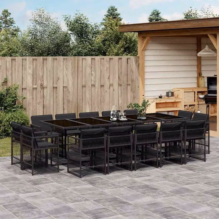 vidaXL Set da Pranzo da Giardino 15 pz in Polyrattan Nero con Cuscini e Tavolo in Vetro
