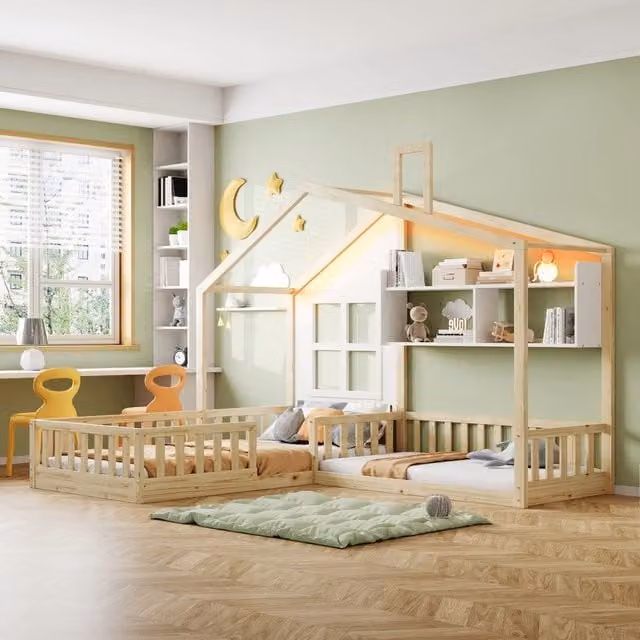 Letto Casetta Bambini con Finestra, Scaffale, LED e Cassetto ¨C Xylo ¨C Legno Massello 90x200