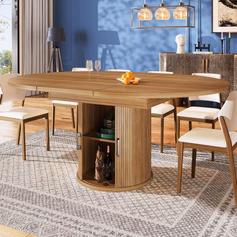 Tavolo da pranzo ovale allungabile, dimensioni 118-158 x 118 x 76,8 cm, finitura effetto noce con vano contenitore