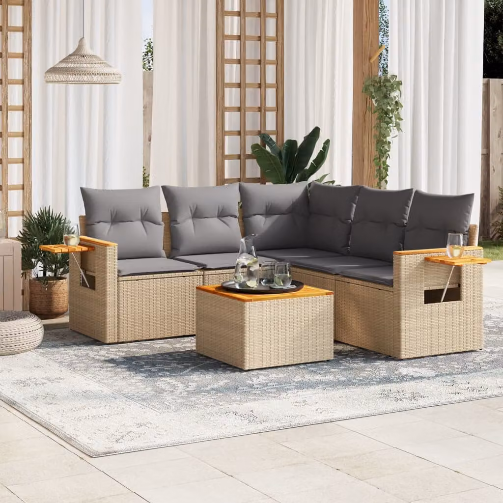Set Divano da Giardino vidaXL 6 pz in Polyrattan con Cuscini Beige e Tavolino da Esterno a Forma di L – 1