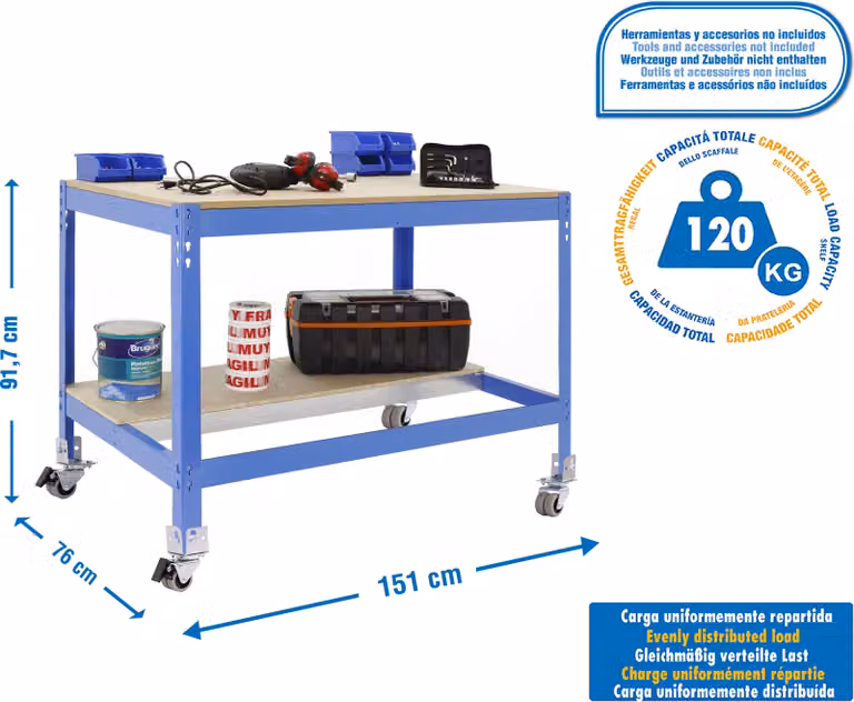 Banco da lavoro e montaggio in metallo senza parafusibili SIMONWORK MOBILE BT0 1500 BLU/LEGNO