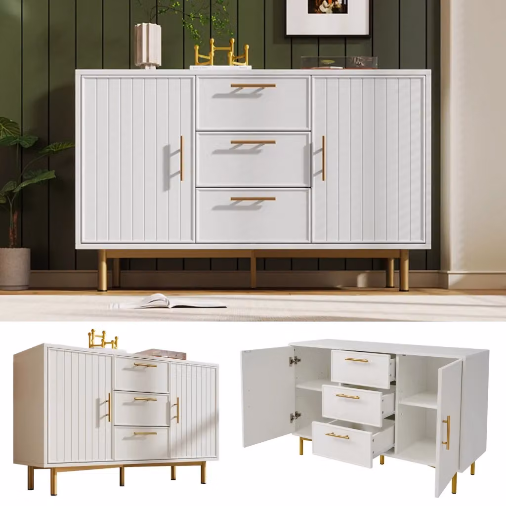 Credenza moderna in MDF bianco con dettagli oro per soggiorno, camera da letto o sala da pranzo, L: 120 cm, P: 40 cm, H: 75 cm – 2