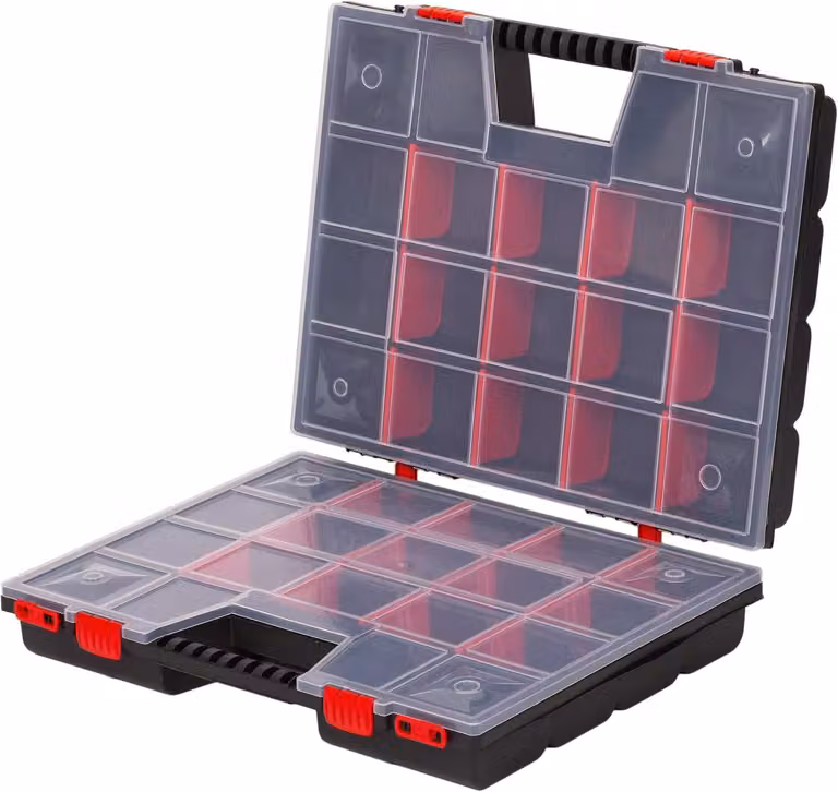 Contenitore di stoccaggio a doppia apertura, con scomparti regolabili, dimensioni 490 x 390 x 130 mm, ideale per l'officina
