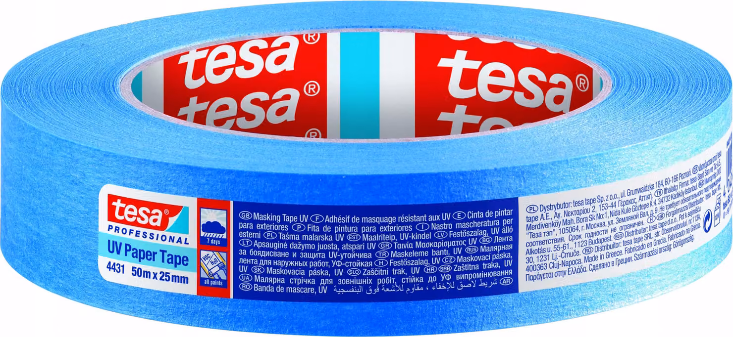 Nastro adesivo protettivo per verniciatura, carta UV, colore blu, per uso esterno, lunghezza 50 metri, larghezza 25 mm
