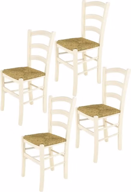 Set 4 Sedie Venice Tommychairs, robusta struttura in legno di faggio verniciata in anilina bianca e seduta in paglia
