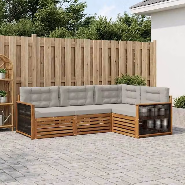 Set di divani da esterno a L vidaXL in legno di acacia con cuscini beige e grigi – 1