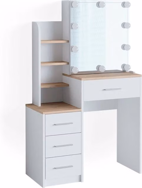 Tavolo da toeletta Conrada Bianco/Sonoma 80 cm con specchio e catena luminosa LED Vicco