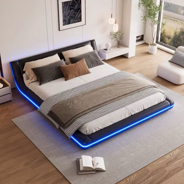 Letto Mivray moderno con rivestimento in ecopelle nera e illuminazione LED sottostante controllabile tramite app, L/P: 160 x 200 cm