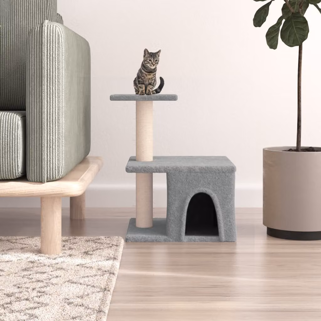 Albero per gatti vidaXL con tiragraffi in sisal e cuccia in legno, colore grigio