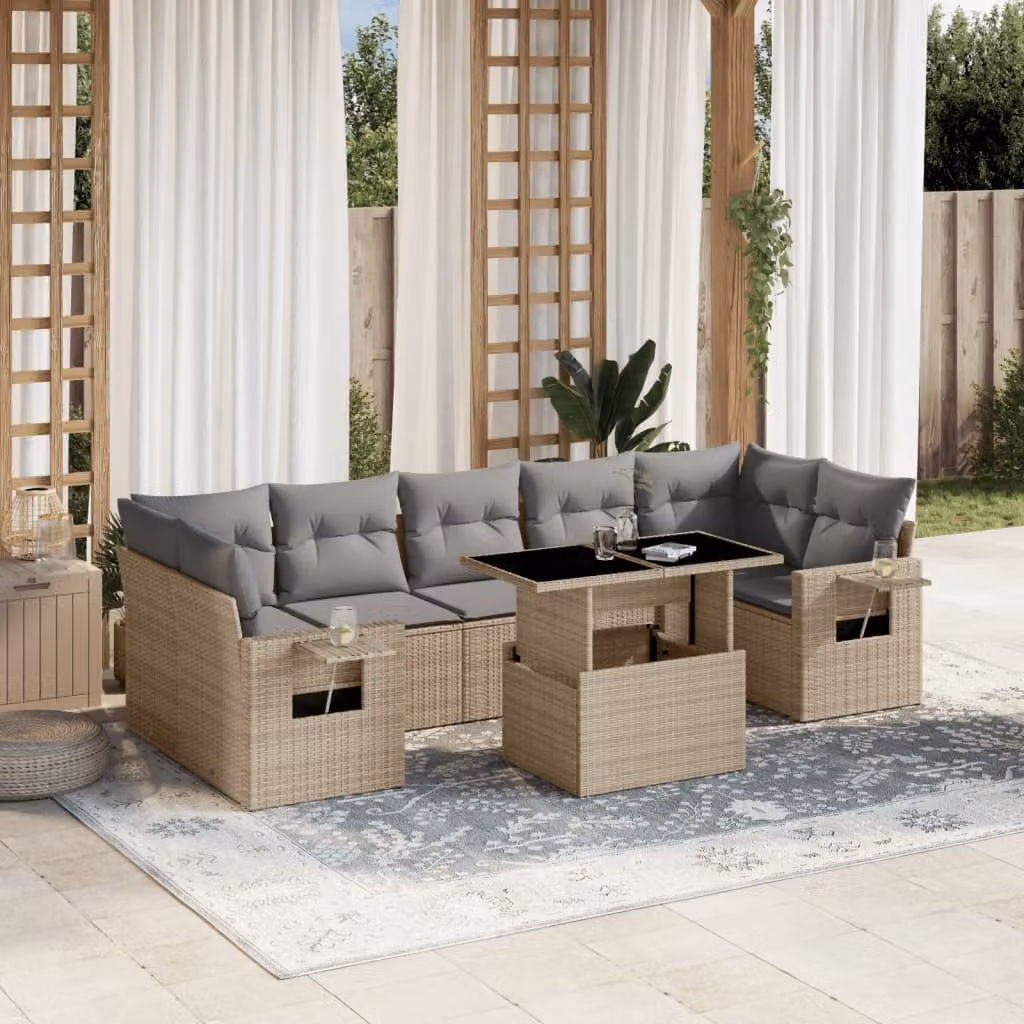 vidaXL Set Divano da Giardino 8 pz a Forma a L con Cuscini Beige e Grigio in Polyrattan e Struttura in Metallo – 1