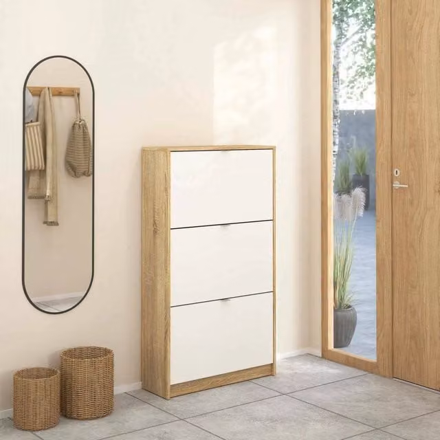 Scarpiera Irina, Mobile portascarpe, Armadio da ingresso multiuso, Mobiletto per calzature, 70x24 h124 cm, Quercia e Bianco