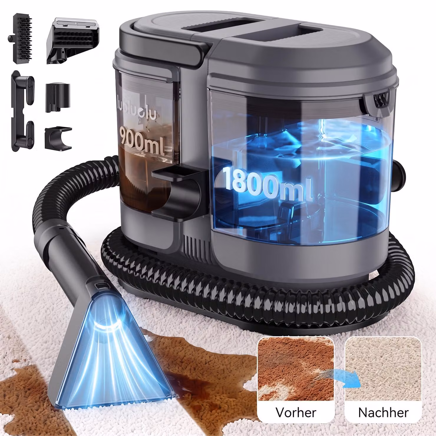 Lubluelu V1 Pulitore per Tappeti e Tappezzeria, 18.000 Pa, 450 W, Doppio Serbatoio da 1,8 L + 0,9 L, Compatto per Divani, Sedili Auto e Tappeti