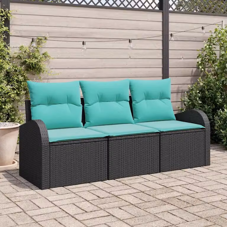 Set Divano da Giardino 3 Posti vidaXL in Rattan con Cuscini, Nero e Turchese