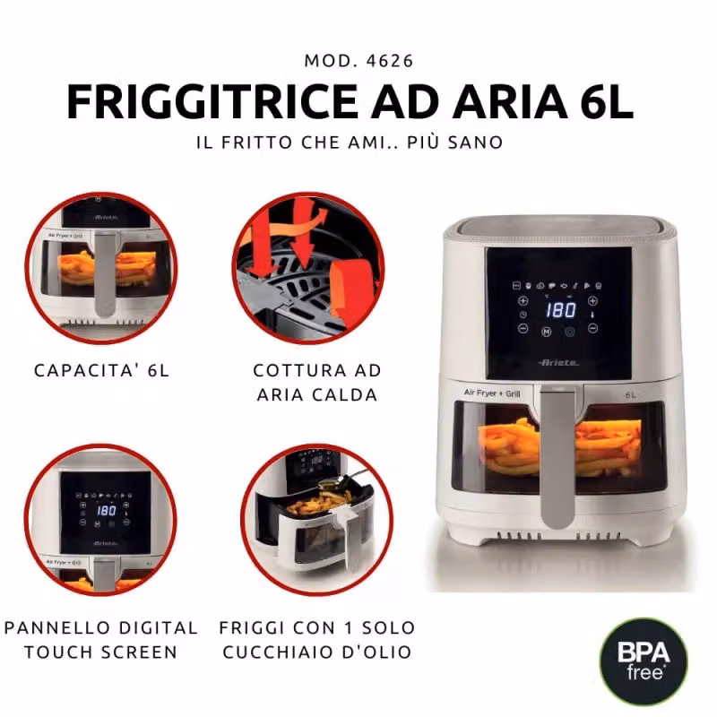 Friggitrice ad aria Ariete da 6L con display digitale, 1300W e cestello in vetro, colore bianco – 2
