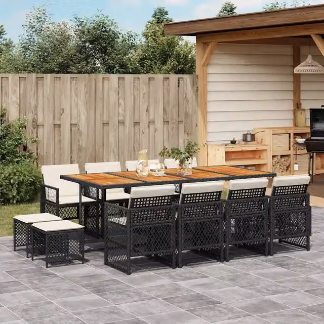 Set da Pranzo da Giardino 13pz con Cuscini Nero in Polyrattan 3210807