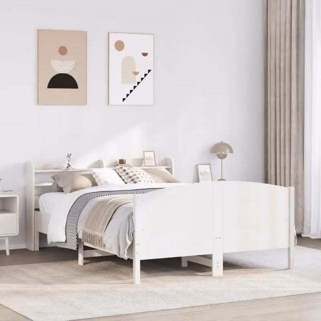 Letto matrimoniale vidaXL in legno massello di pino bianco con doghe piatte e ripiani laterali L: 208 cm, P: 151 cm, H: 145 cm
