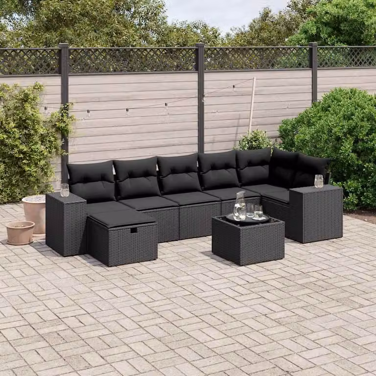 vidaXL Set Divani da Giardino a L con Cuscini 8 pz Nero in Polyrattan e Metallo