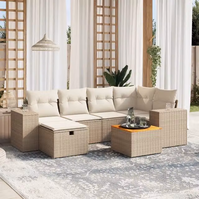 Set Divani da Giardino 7 pz con Cuscini Beige in Polyrattan 3265174