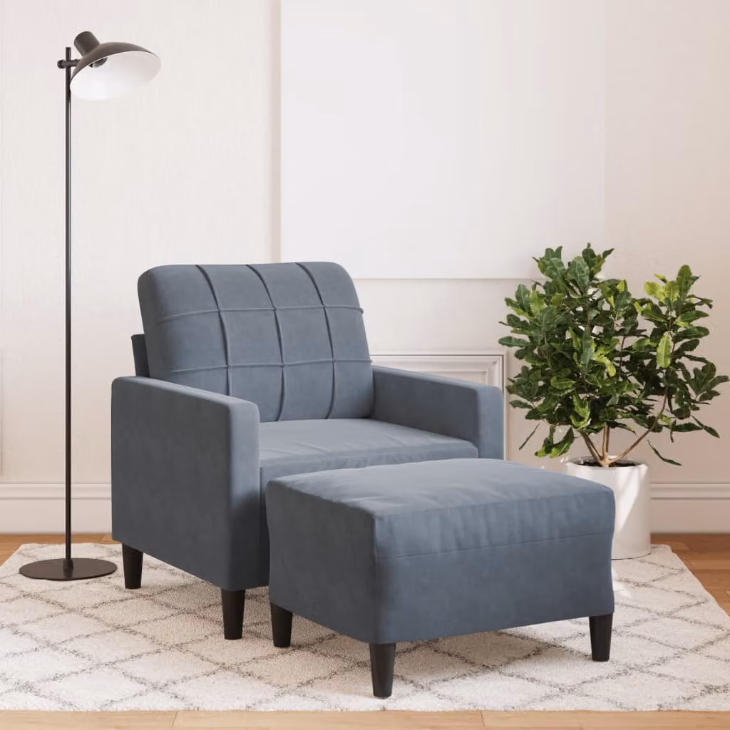 vidaXL Poltrona con Poggiapiedi in Velluto Grigio con Struttura in Metallo e Schiuma – 1
