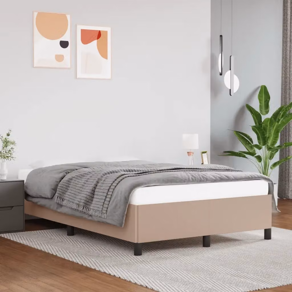 Letto matrimoniale moderno in similpelle beige con struttura in legno e doghe, L/P: 120 x 200 cm – 2
