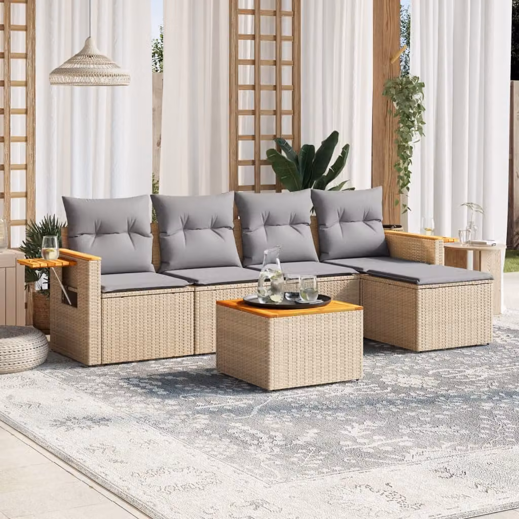 Set Divano da Giardino vidaXL 6 pz a L con Cuscini Beige e Grigio in Polyrattan e Legno di Acacia – 1