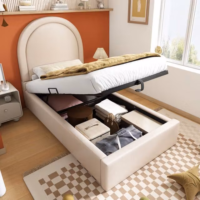 Letto singolo per bambini 90x200 con motivo cosmico per ragazzi, letto imbottito beige in pu con contenitore